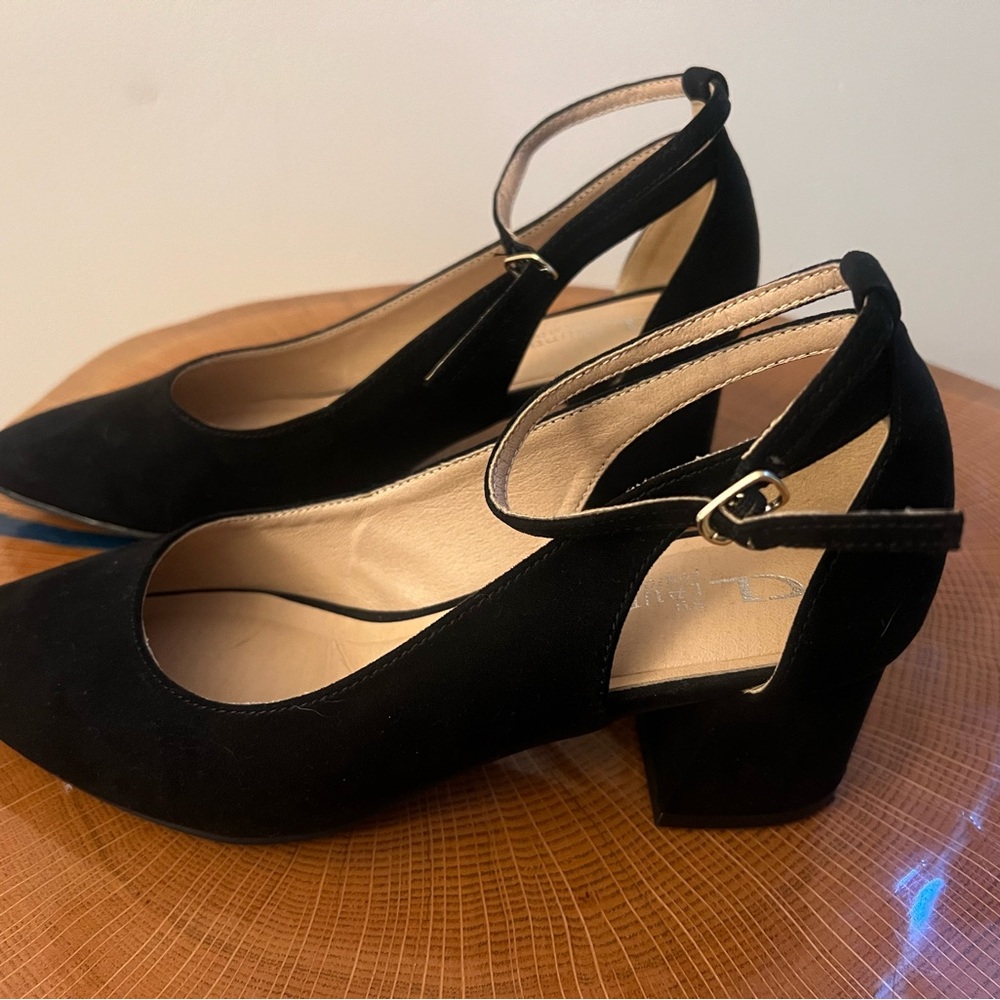 Black Block Heel Ankle Strap Pumps